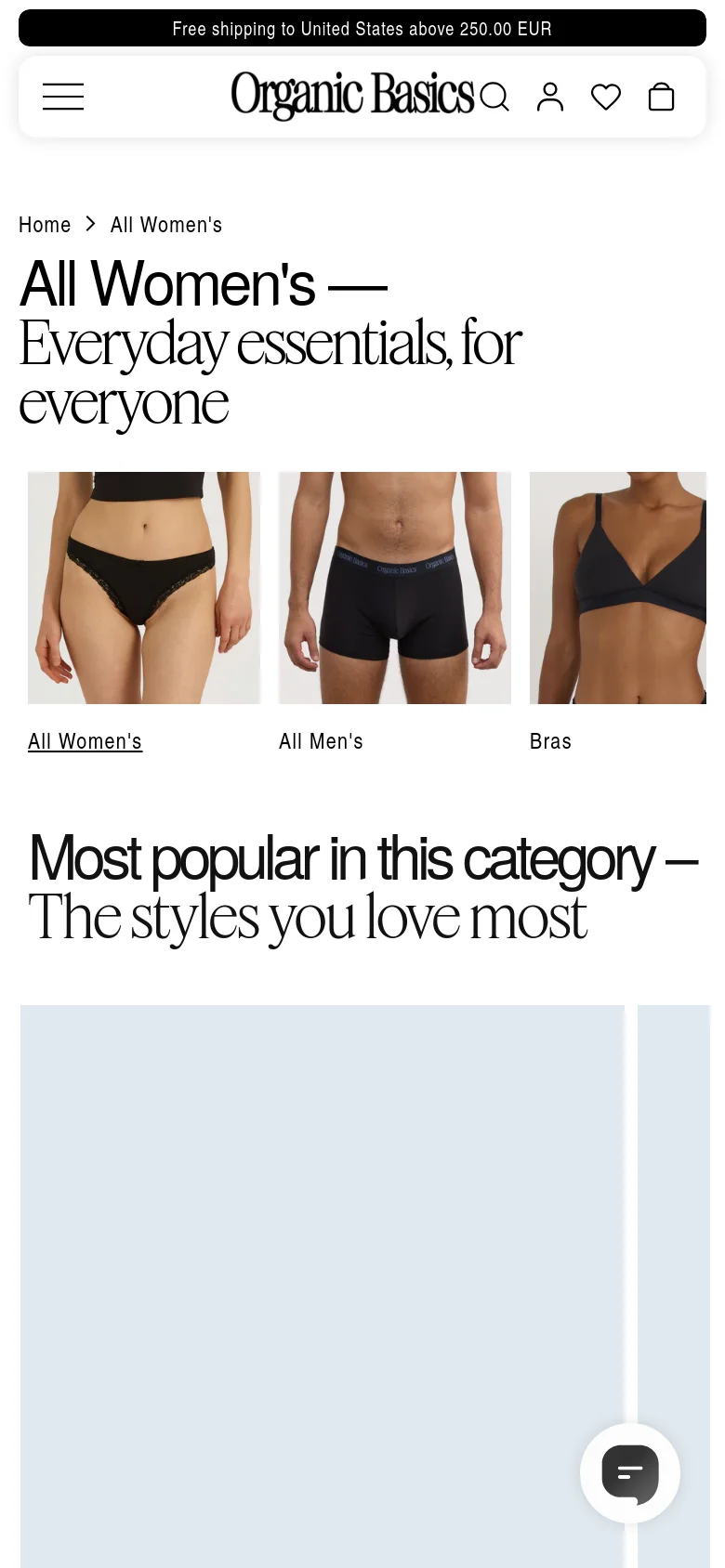 The mobile version displays a vertically stacked layout with the same large serif headline and category images. The category grid is condensed into a single column or smaller groupings to fit the narrow screen. A simplified header includes a hamburger menu icon, the brand logo, and search, profile, wishlist, and cart icons.