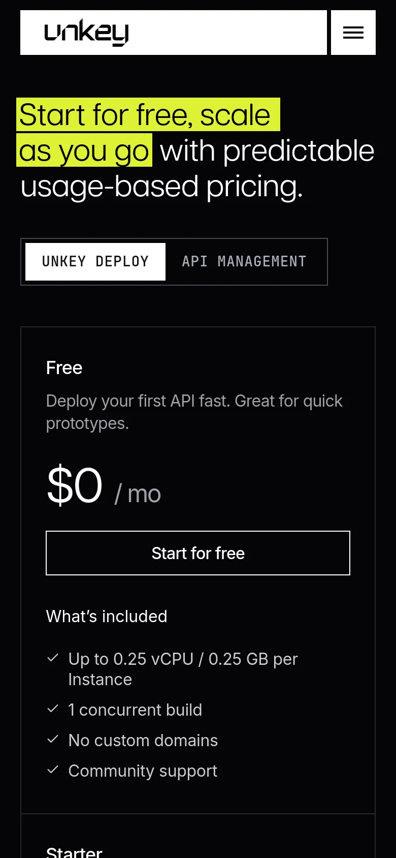 The mobile version of the pricing page uses a single-column vertical layout to accommodate the smaller screen. The hero headline is stacked, and the pricing cards are displayed one after another vertically instead of in a row. The navigation menu is collapsed into a hamburger icon at the top right.