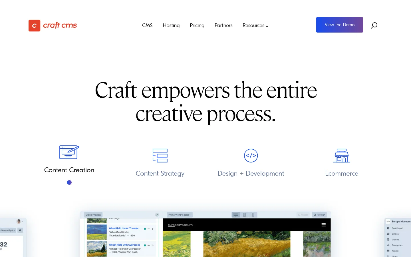 The desktop About page features a clean white background with a large serif headline reading 'Craft empowers the entire creative process.' Below the headline, four navigation icons for Content Creation, Content Strategy, Design + Development, and Ecommerce are arranged horizontally, with Content Creation currently selected. A large screenshot of the software interface is displayed prominently below the navigation.