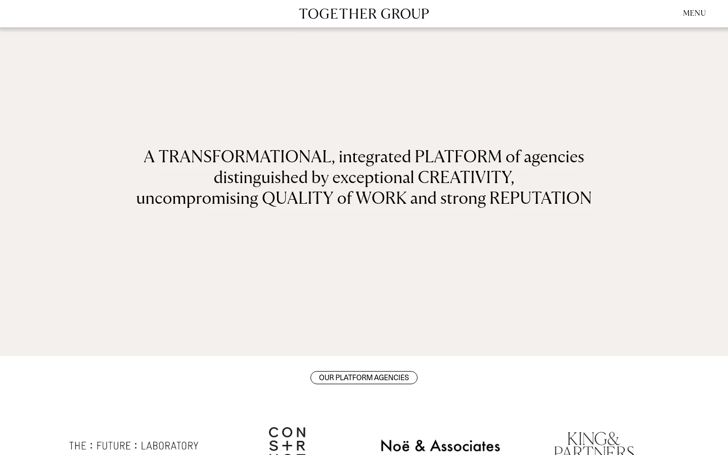 The desktop website features a minimalist design with a light beige background and black serif typography. A large headline describes the agency platform, positioned above a centered call-to-action button labeled 'OUR PLATFORM AGENCIES'. Below the hero section, a grid displays various agency logos including The Future Laboratory and Noë & Associates.