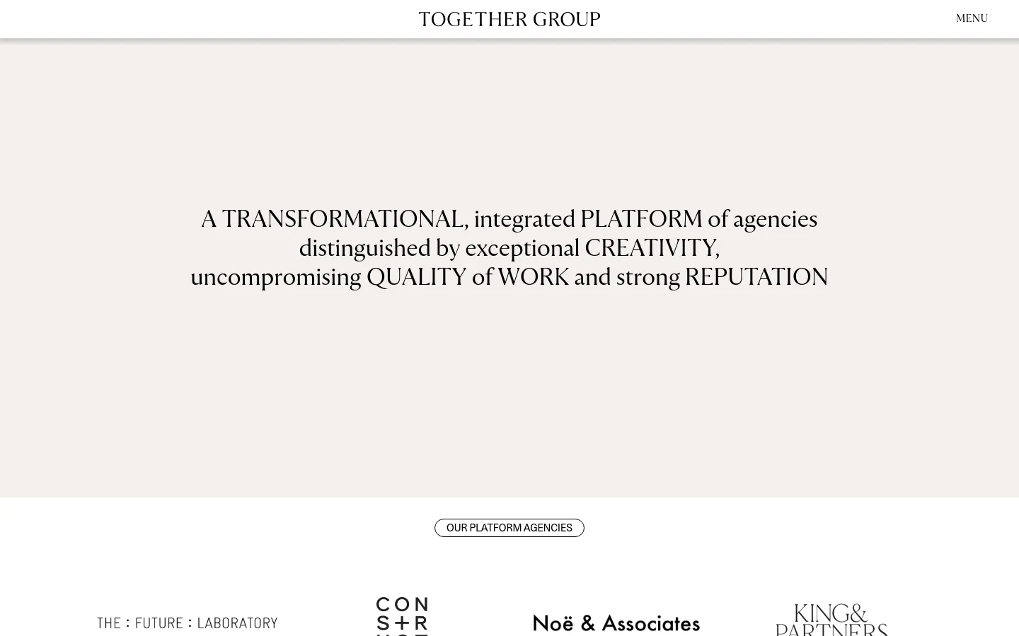 The desktop website features a minimalist design with a light beige background and black serif typography. A large headline describes the agency platform, positioned above a centered call-to-action button labeled 'OUR PLATFORM AGENCIES'. Below the hero section, a grid displays various agency logos including The Future Laboratory and Noë & Associates.