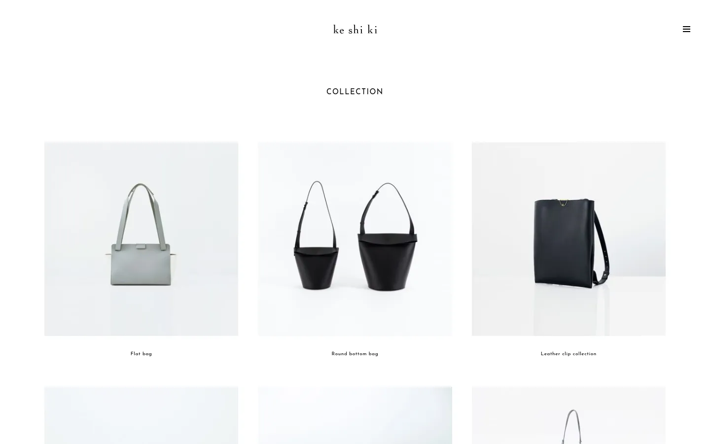 The desktop Collection page features a minimalist white layout with a centered logo and navigation menu at the top. Below the 'COLLECTION' heading, a grid of high-quality product images displays various leather goods like the Flat bag and Round bottom bag against light backgrounds. Each image is accompanied by a simple text label underneath.