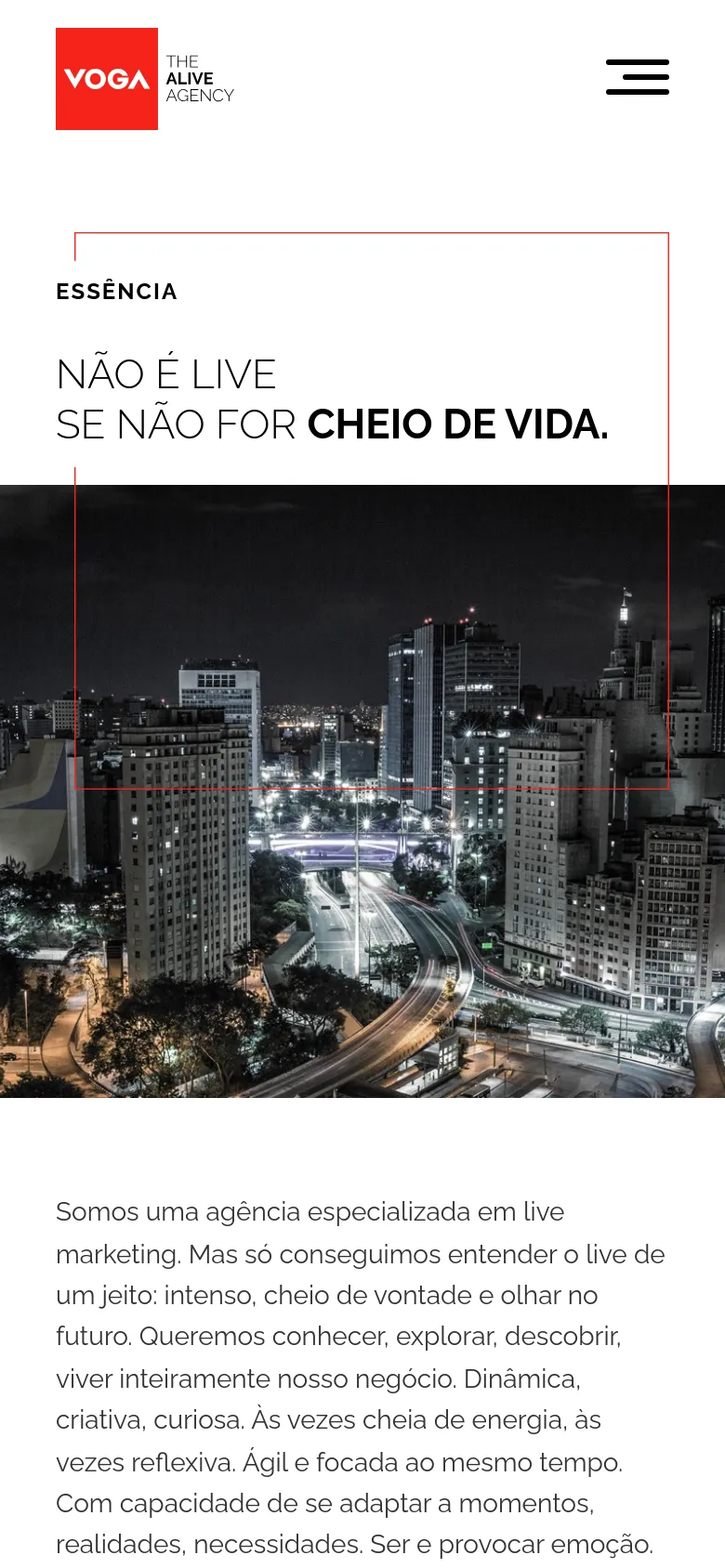 The mobile version maintains the same minimalist aesthetic and red-bordered hero section with the headline and cityscape, but the navigation menu is condensed into a black hamburger icon at the top right. The layout shifts to a single-column view, stacking the text and imagery vertically for easier scrolling.