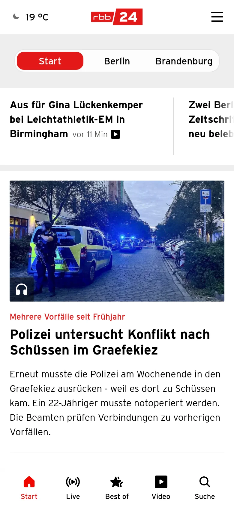 The mobile version uses a simplified vertical layout with a red and white header containing the rbb24 logo and a hamburger menu. A horizontal pill-shaped navigation bar allows users to toggle between Start, Berlin, and Brandenburg. The content consists of large, full-width news cards, including a main feature with a large nighttime street photograph and a headline about police investigations in Graefekiez, followed by a bottom navigation bar with icons for Start, Live, Best of, Video, and Search.