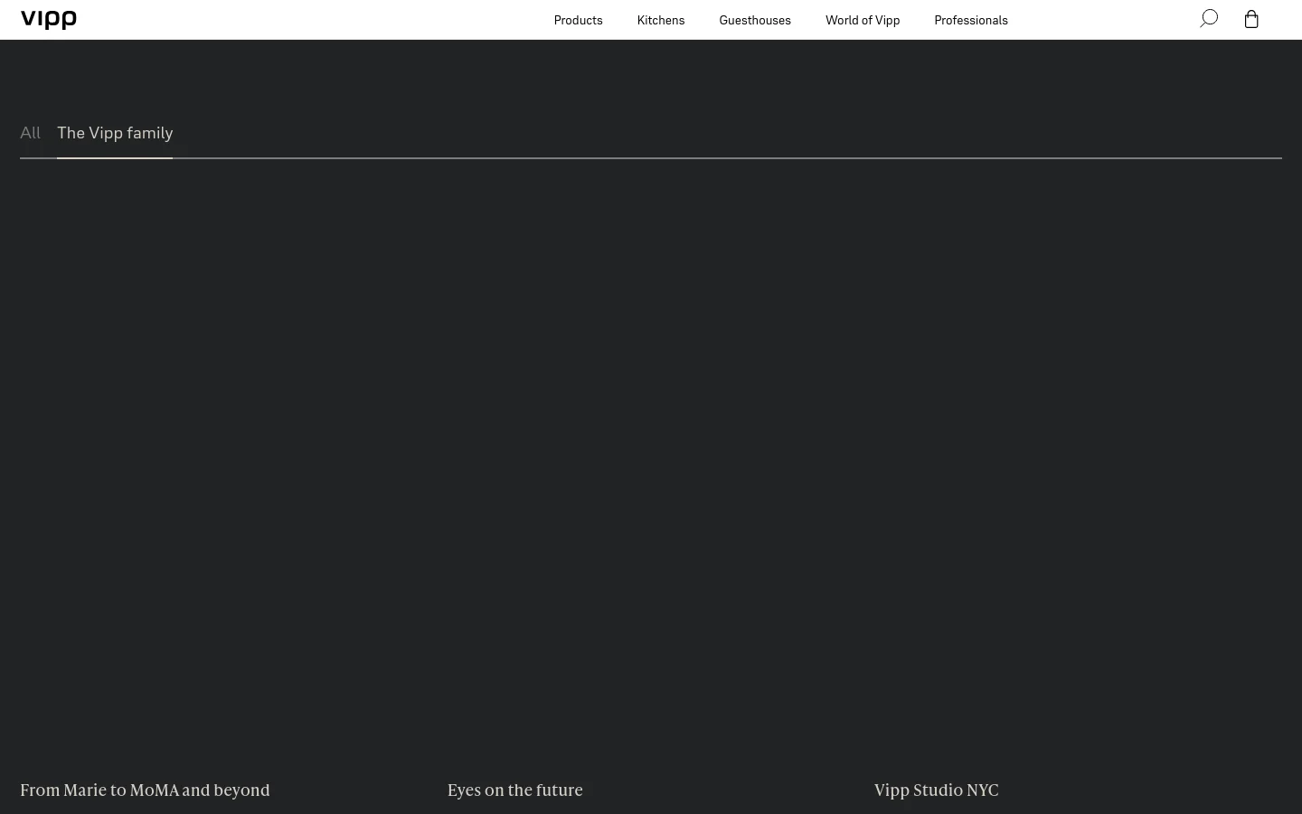 The desktop version of the Vipp website features a minimalist dark gray header and background with white typography. The page displays a grid of large, high-quality rectangular image tiles with white text overlays, including sections titled 'From Marie to MoMA and beyond', 'Eyes on the future', 'Vipp Studio NYC', and 'Back to beige'.