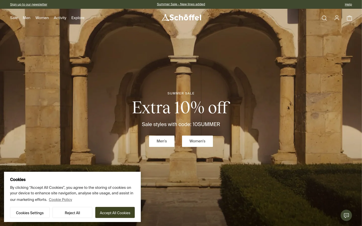 The desktop homepage features a large hero image of a sunlit stone cloister courtyard with a white bench. Centered text announces a 'Summer Sale' with 'Extra 10% off' using code 10SUMMER, accompanied by 'Men's' and 'Women's' call-to-action buttons. A navigation bar at the top includes links for Sale, Men, Women, Activity, and Explore, alongside search, account, and shopping bag icons.