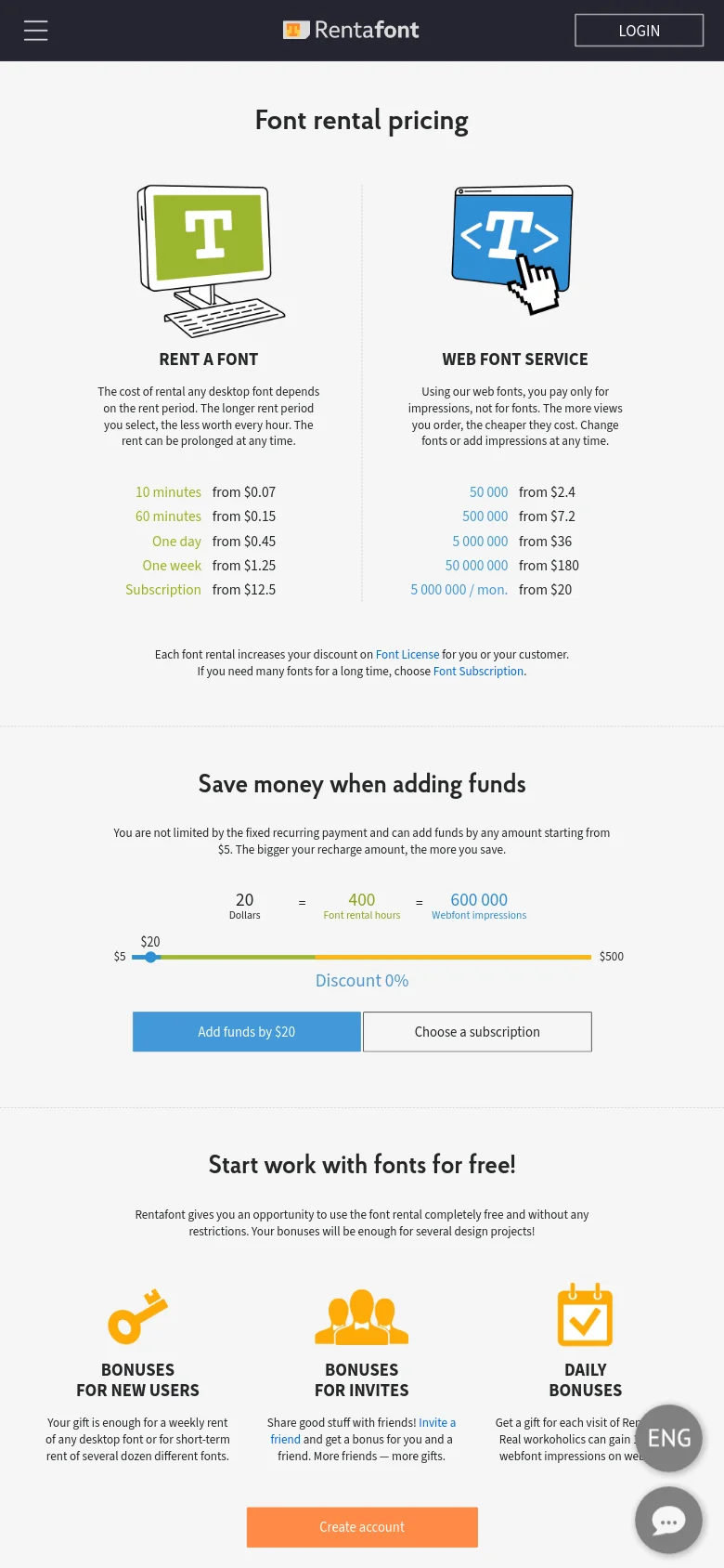 The mobile version presents the same pricing information in a single-column vertical layout. The two main service columns, 'RENT A FONT' and 'WEB FONT SERVICE', are stacked on top of each other instead of being side-by-side. The header and footer elements remain consistent, but the content is scaled for vertical scrolling on a narrow screen.