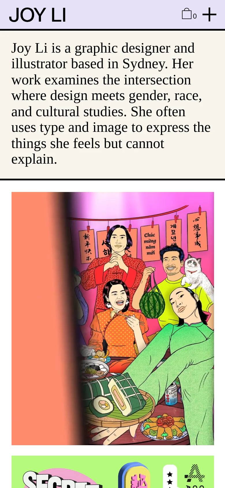 The mobile version simplifies the layout with a centered header containing the name 'JOY LI' and icons for the cart and a menu toggle. The introductory text is prominent, followed by a single-column vertical scroll of large, colorful project tiles. The overall aesthetic remains clean with a focus on large-scale imagery and legible typography optimized for vertical viewing.