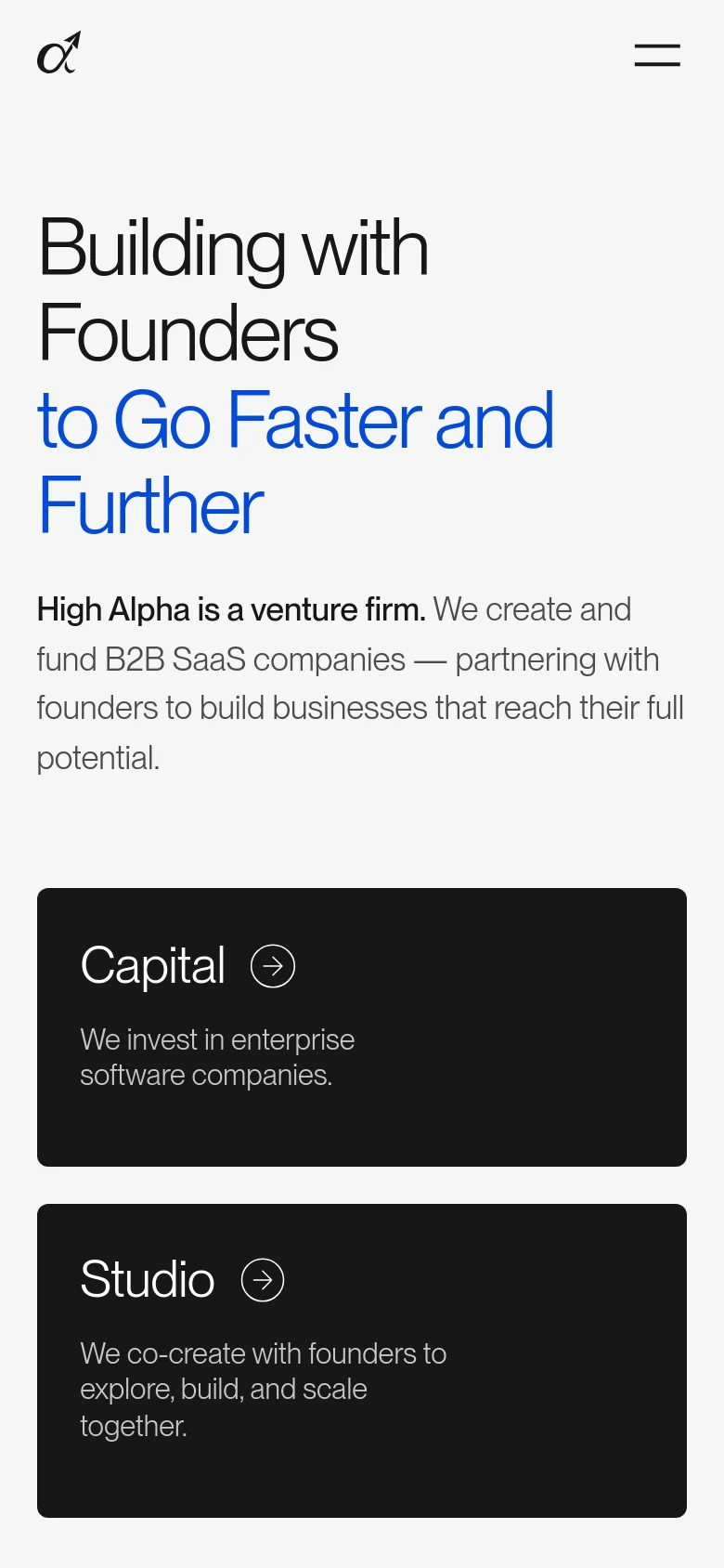 The mobile version presents a single-column layout with the hero headline stacked vertically. The 'Capital' and 'Studio' cards are arranged one on top of the other instead of side-by-side to fit the narrow screen. The navigation is condensed into a hamburger menu icon in the top right corner.