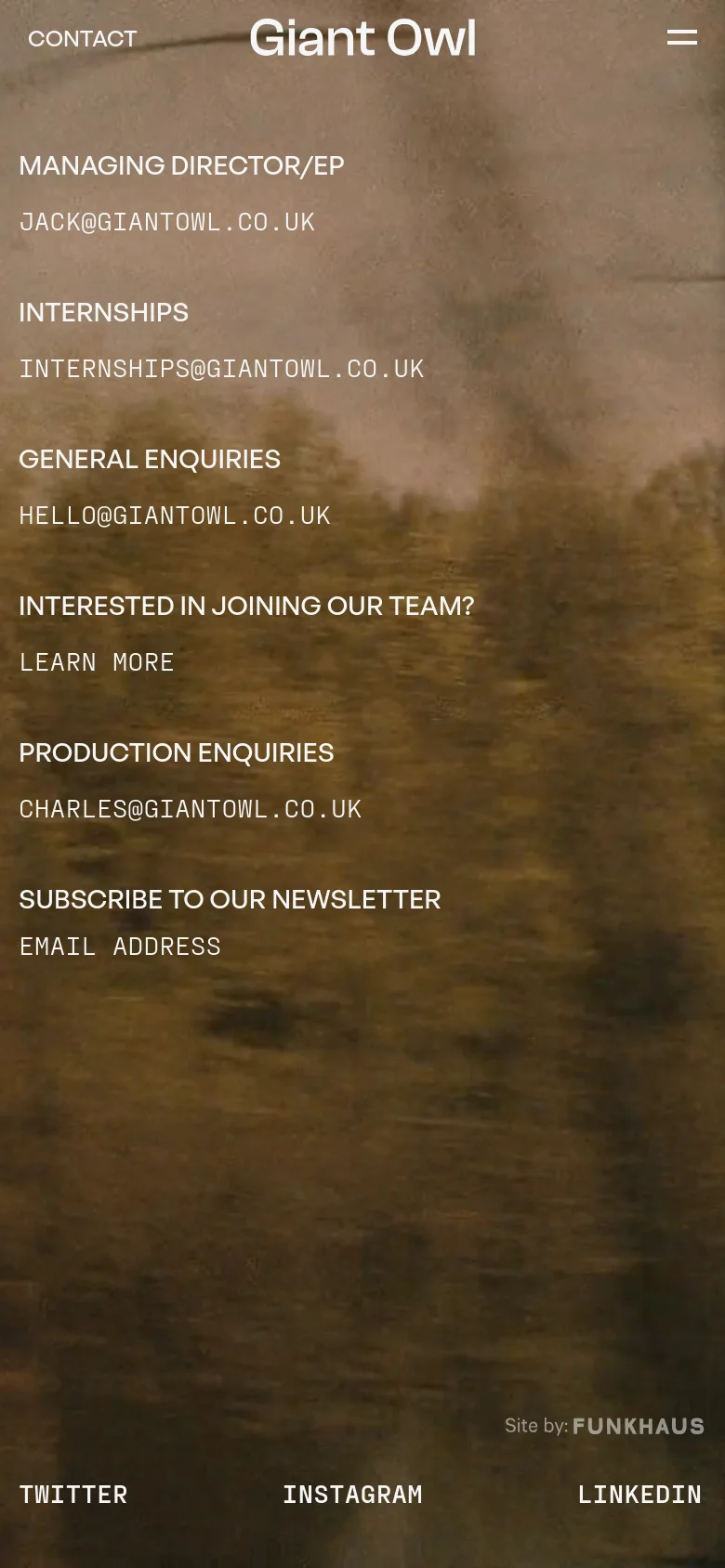 The mobile version presents a single-column vertical layout with the same blurred nature background. The navigation is condensed into a hamburger menu at the top right, and all contact information and newsletter subscription fields are stacked vertically for easy scrolling.
