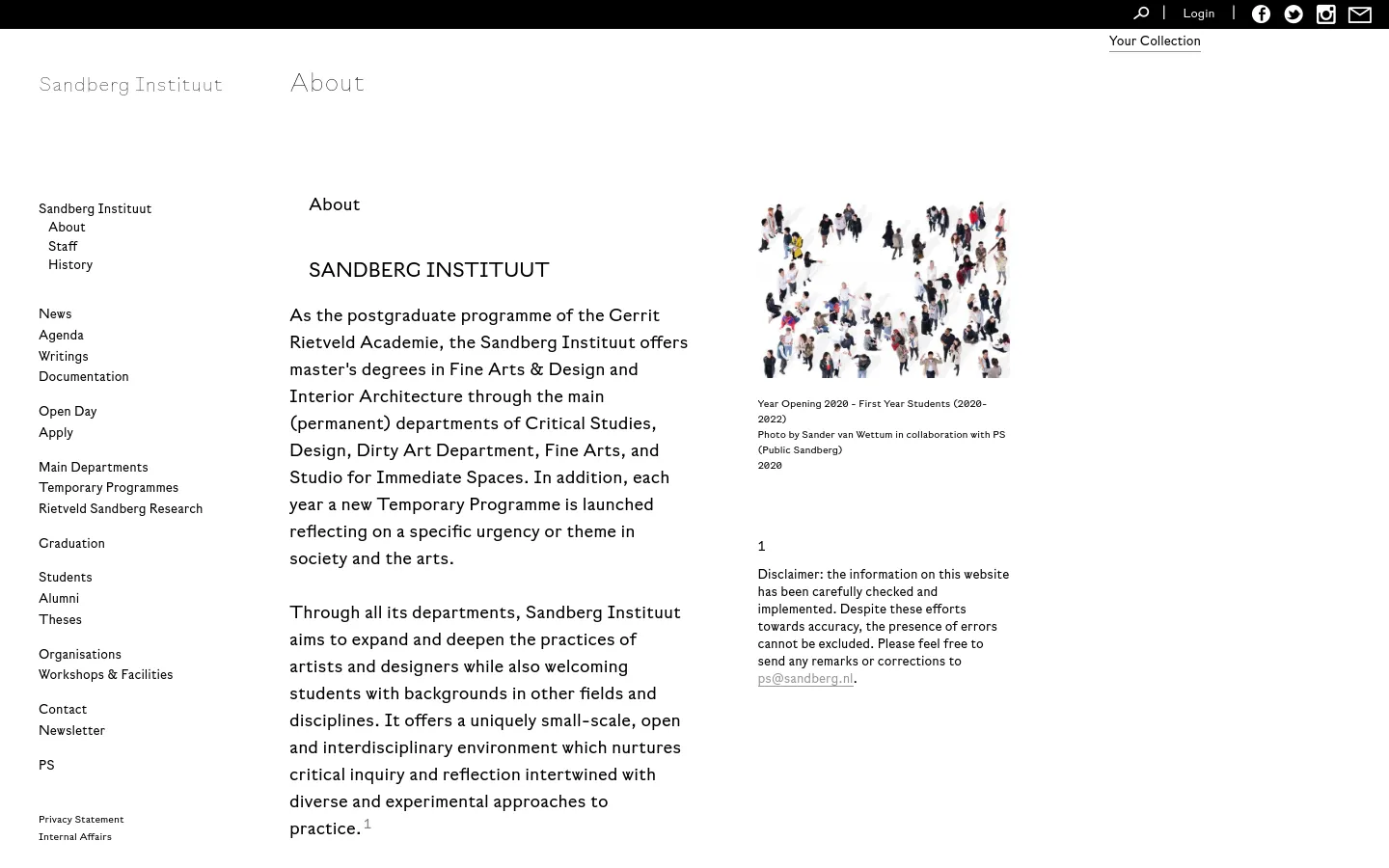 The desktop version features a minimalist white layout with the Sandberg Instituut logo and 'About' heading at the top. A vertical navigation menu is on the left, while the main content area contains text describing the institute alongside a small, collage-style photograph of people. The design uses clean typography and ample white space.