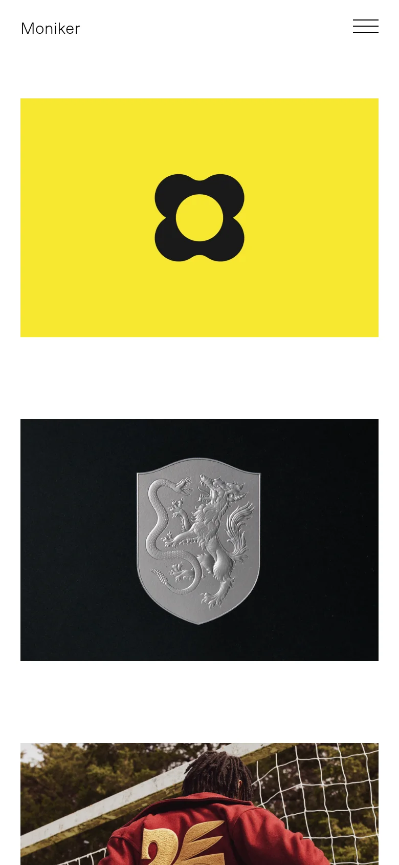 The mobile version maintains the minimalist aesthetic with a white background and a simplified header featuring the Moniker logo and a hamburger menu icon. The project tiles are rearranged into a single-column vertical stack, making them larger and easier to scroll through on a smaller screen.