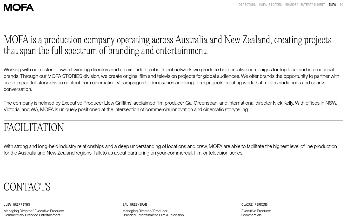 The desktop version features a minimalist white background with black serif typography. A large headline introduces MOFA as a production company, followed by several paragraphs of text, a 'FACILITATION' section, and a 'CONTACTS' section organized in a multi-column layout at the bottom.