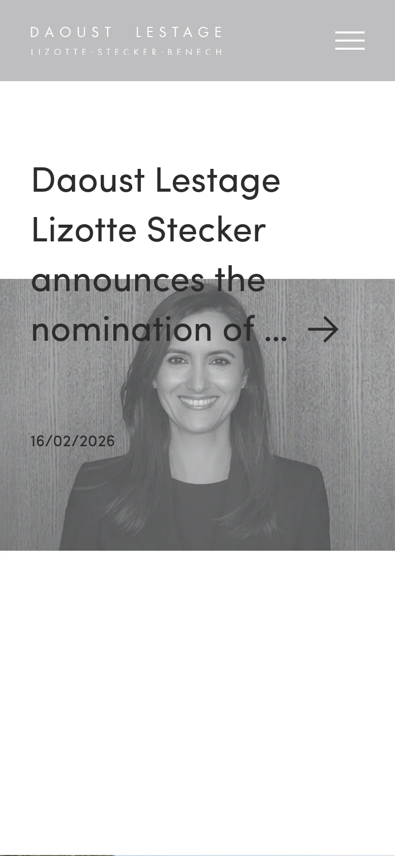 The mobile version simplifies the layout, presenting the headline and a large grayscale portrait of a woman as the primary focus. The navigation menu is condensed into a hamburger icon at the top right, and the content is stacked vertically to fit the narrow screen, emphasizing the news headline and date.