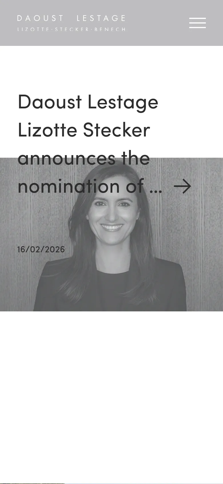 The mobile version simplifies the layout, presenting the headline and a large grayscale portrait of a woman as the primary focus. The navigation menu is condensed into a hamburger icon at the top right, and the content is stacked vertically to fit the narrow screen, emphasizing the news headline and date.