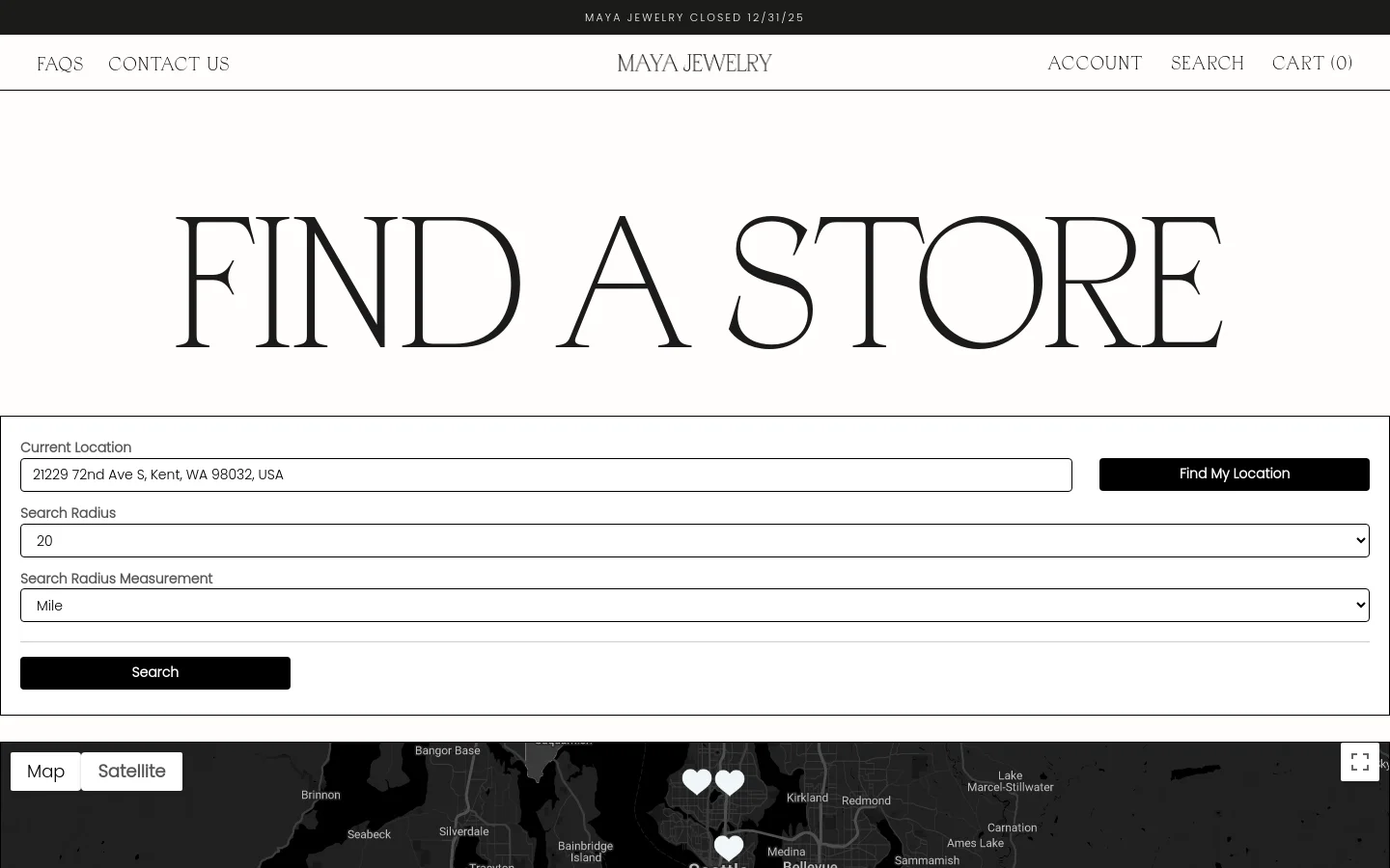 The Find a Store page features a large, elegant serif headline on a white background. Below the headline, a search interface includes input fields for Current Location, Search Radius, and Search Radius Measurement, followed by a black 'Search' button. A map section is visible at the bottom, showing location pins over a grayscale map.