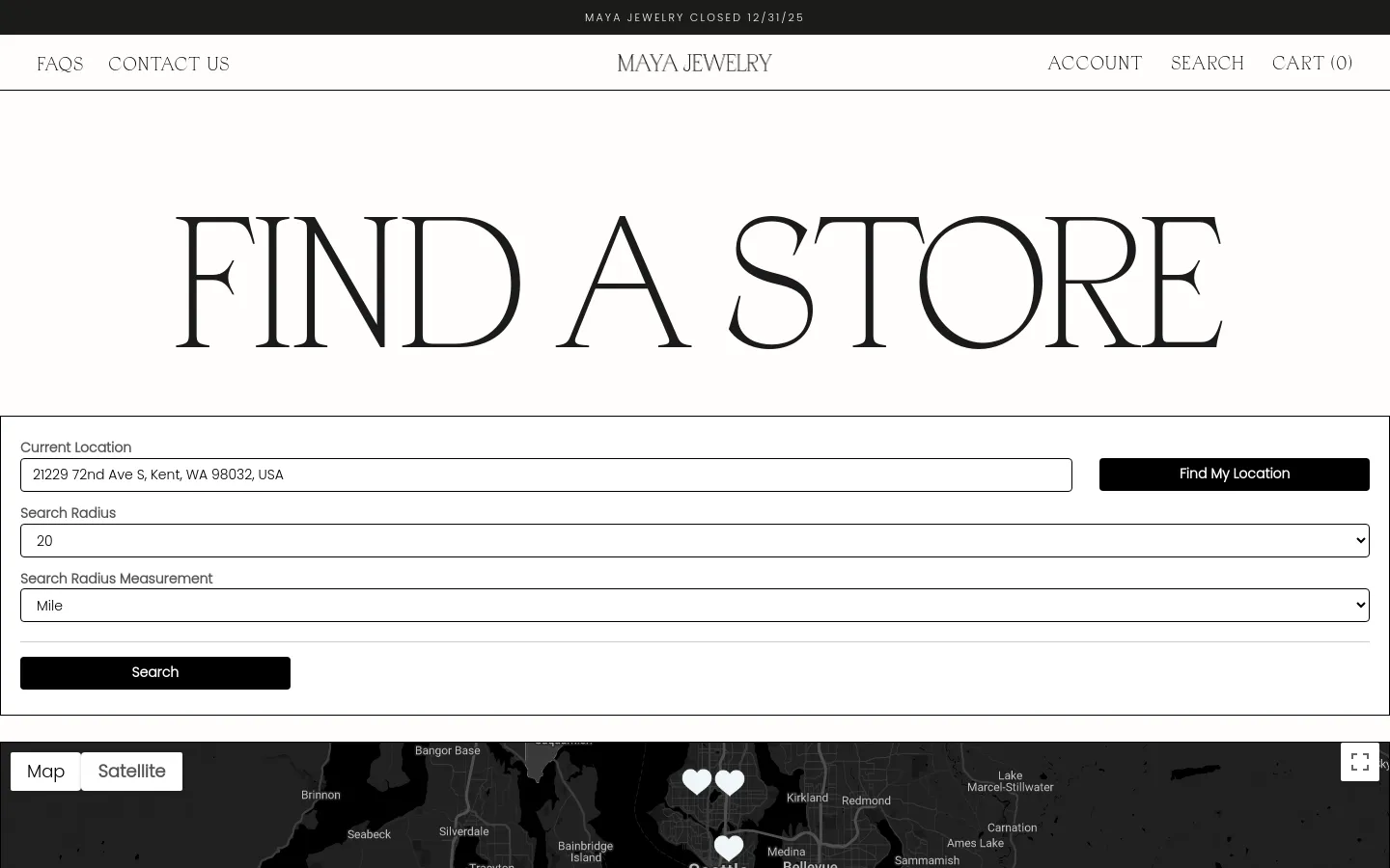 The Find a Store page features a large, elegant serif headline on a white background. Below the headline, a search interface includes input fields for Current Location, Search Radius, and Search Radius Measurement, followed by a black 'Search' button. A map section is visible at the bottom, showing location pins over a grayscale map.