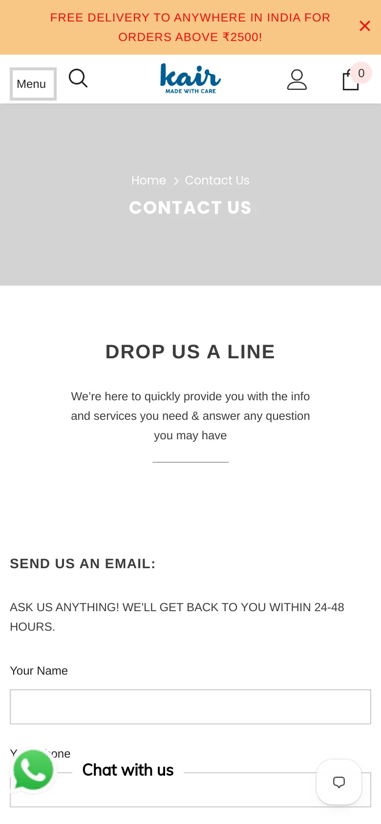 The mobile version presents a vertically stacked layout optimized for small screens. The hero banner remains at the top, followed by the 'DROP US A LINE' heading and description. The contact form and chat information are stacked sequentially rather than side-by-side, and a condensed header features a hamburger menu, search icon, logo, and account icons. A floating WhatsApp button is visible in the bottom left corner.