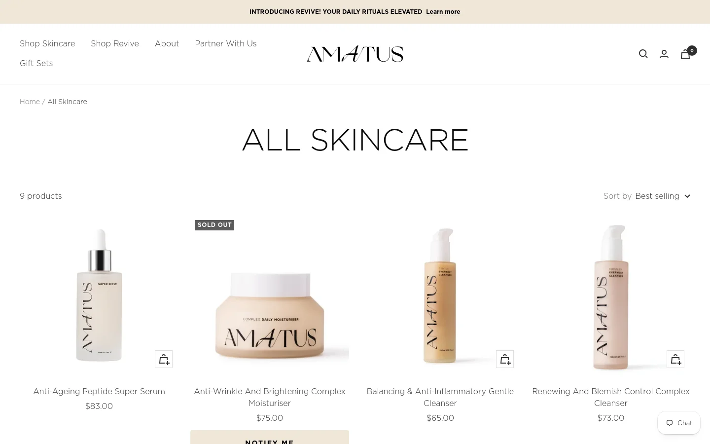 The desktop version of the 'All Skincare' collection page features a clean, minimalist white layout with a centered large heading. A product grid displays skincare items like serums and moisturizers with high-quality product photography, prices, and quick-add icons. A top navigation bar includes links for Shop Skincare, Shop Revive, and About, alongside a search icon and shopping bag.