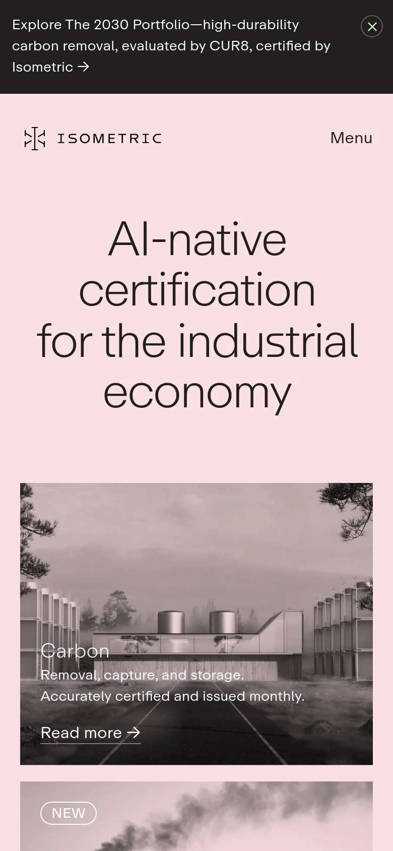 The mobile version presents a simplified vertical layout on a light pink background, centering the main headline 'AI-native certification for the industrial economy.' The side-by-side desktop tiles are stacked vertically, starting with a large image for 'Carbon' featuring a 'Read more' link. Navigation is condensed into a 'Menu' button in the top right corner next to the logo.