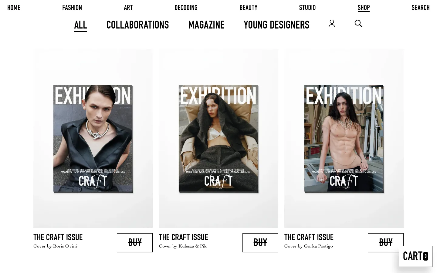 The desktop shop page features a minimalist white layout with a top navigation menu containing links for Fashion, Art, Decoding, Beauty, Studio, and Shop. Below the menu, a secondary navigation bar lists categories like All, Collaborations, Magazine, and Young Designers. The main content displays a grid of magazine covers, specifically 'The Craft Issue' with various artist covers, each accompanied by a title, artist credit, and a 'BUY' button.