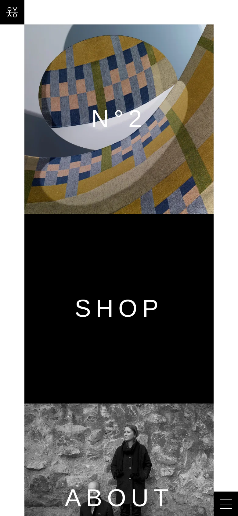 The mobile version presents a vertically stacked layout of the same large imagery seen on desktop. The navigation is condensed, and the large text overlays for 'N°2', 'SHOP', and 'ABOUT' are centered over their respective full-width image blocks.