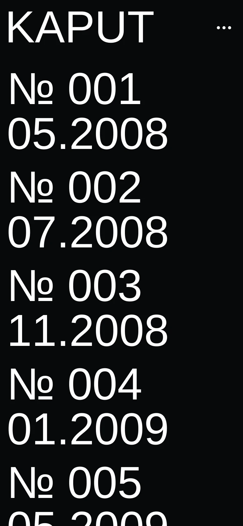 The mobile version maintains the minimalist black and white aesthetic but adapts the layout for a narrow screen. The 'KAPUT' header is smaller, and the navigation menu is condensed into a three-dot icon. The archive list of issue numbers and dates remains the central focus, stacked vertically in a single column.