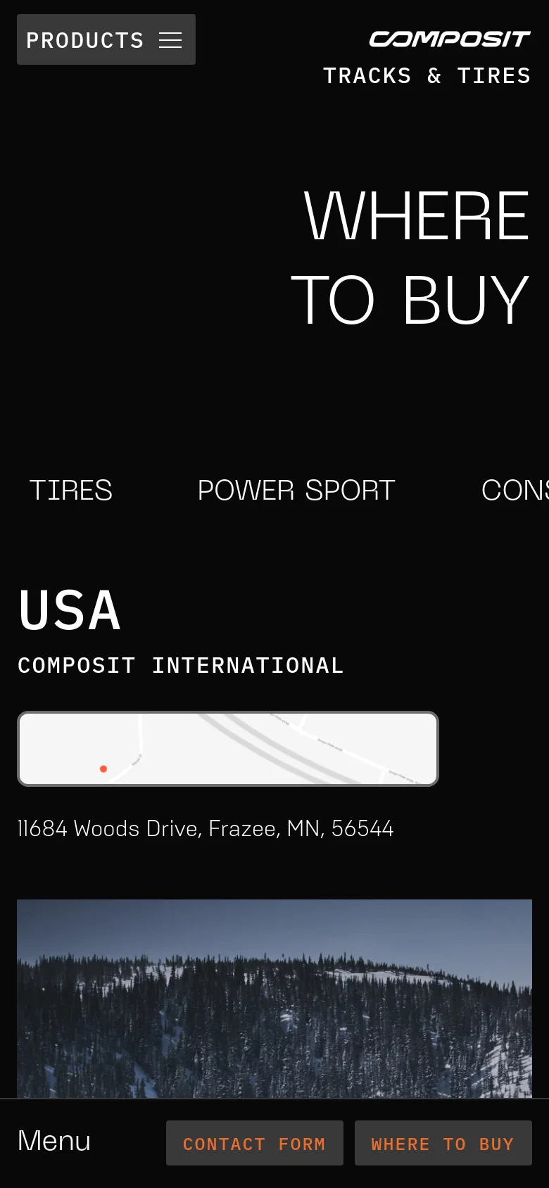 The mobile version maintains the dark theme and large white text but uses a vertical stack for content. The navigation menu is condensed into a 'Products' hamburger button, and the bottom footer features prominent 'Contact Form' and 'Where to Buy' buttons for easy access.
