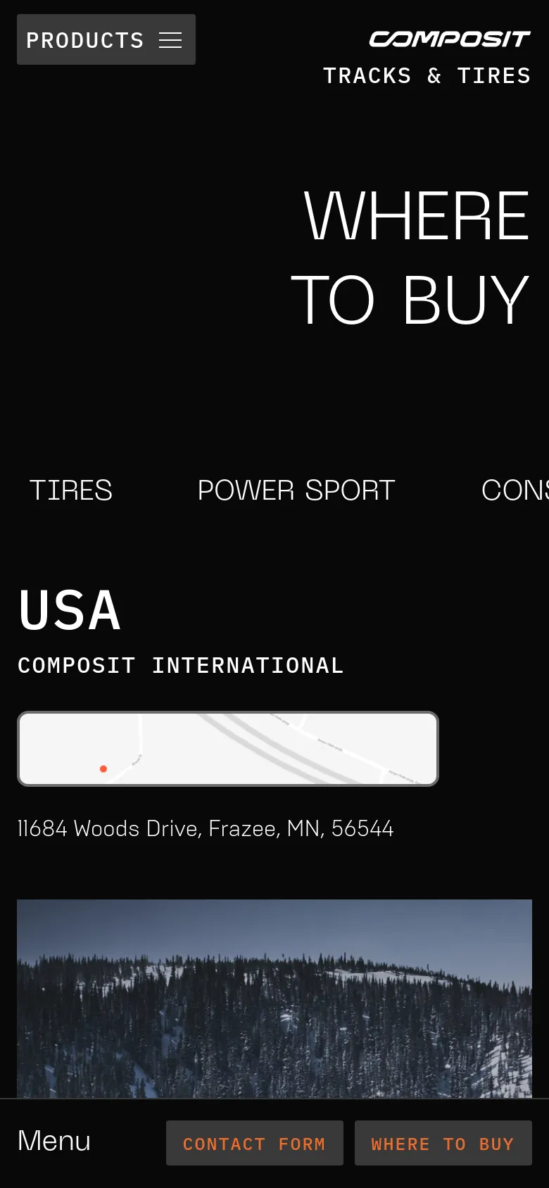The mobile version maintains the dark theme and large white text but uses a vertical stack for content. The navigation menu is condensed into a 'Products' hamburger button, and the bottom footer features prominent 'Contact Form' and 'Where to Buy' buttons for easy access.