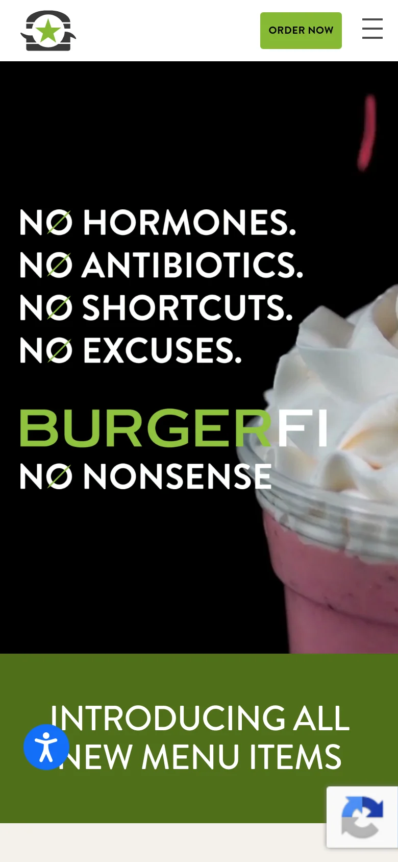 The mobile version displays a condensed layout with a hamburger menu icon and a green 'Order Now' button at the top. The hero section shows the pink milkshake and bold white text, followed by a large green banner at the bottom that reads 'INTRODUCING ALL NEW MENU ITEMS'.