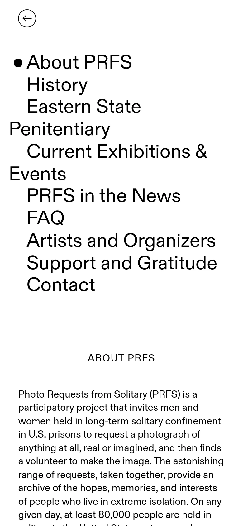 The mobile version uses a single-column vertical layout. The navigation menu is stacked on the left, followed by the 'About PRFS' header and body text below it. The design remains minimalist with a white background and black typography, but the side-by-side desktop arrangement is replaced by a top-to-bottom flow.