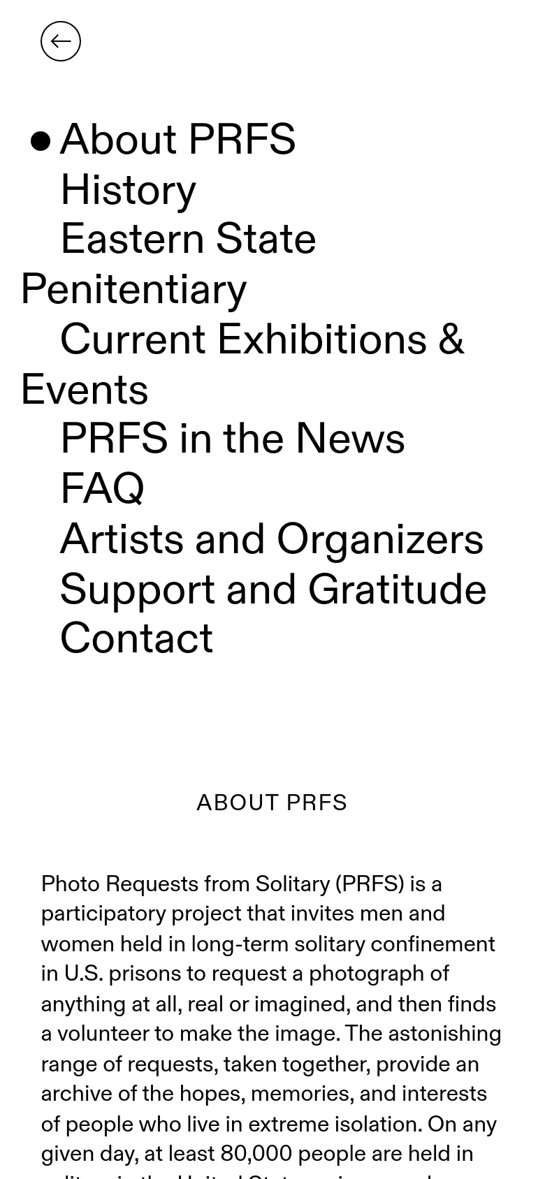 The mobile version uses a single-column vertical layout. The navigation menu is stacked on the left, followed by the 'About PRFS' header and body text below it. The design remains minimalist with a white background and black typography, but the side-by-side desktop arrangement is replaced by a top-to-bottom flow.