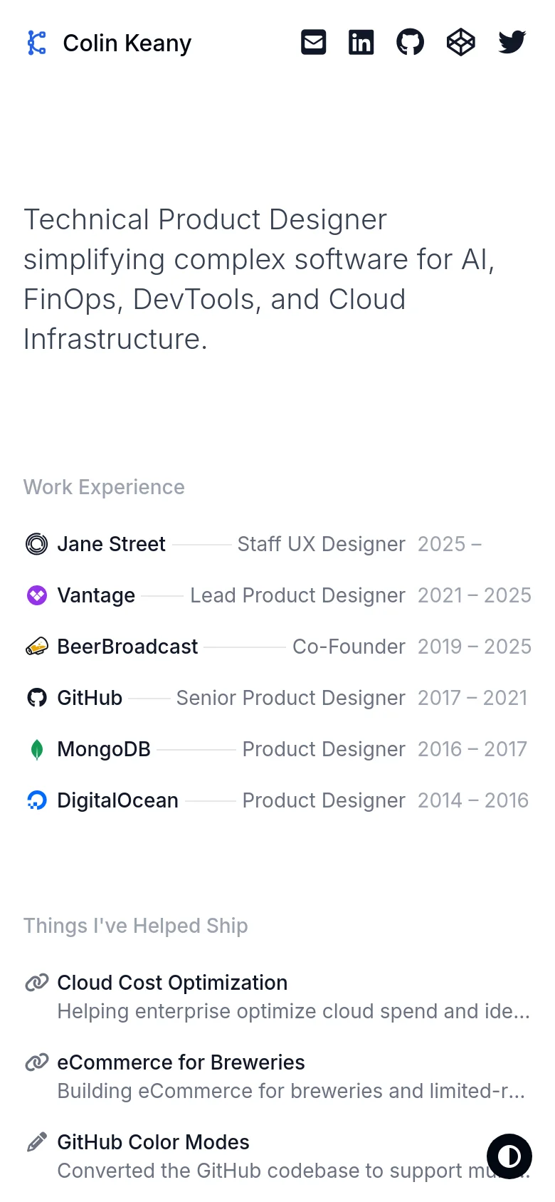 The mobile version of the portfolio maintains the minimalist white and dark theme but optimizes the layout for a narrow screen. The header icons and text are centered or stacked, and the list items for work experience and projects are condensed to fit the vertical viewport, ensuring readability on small devices.