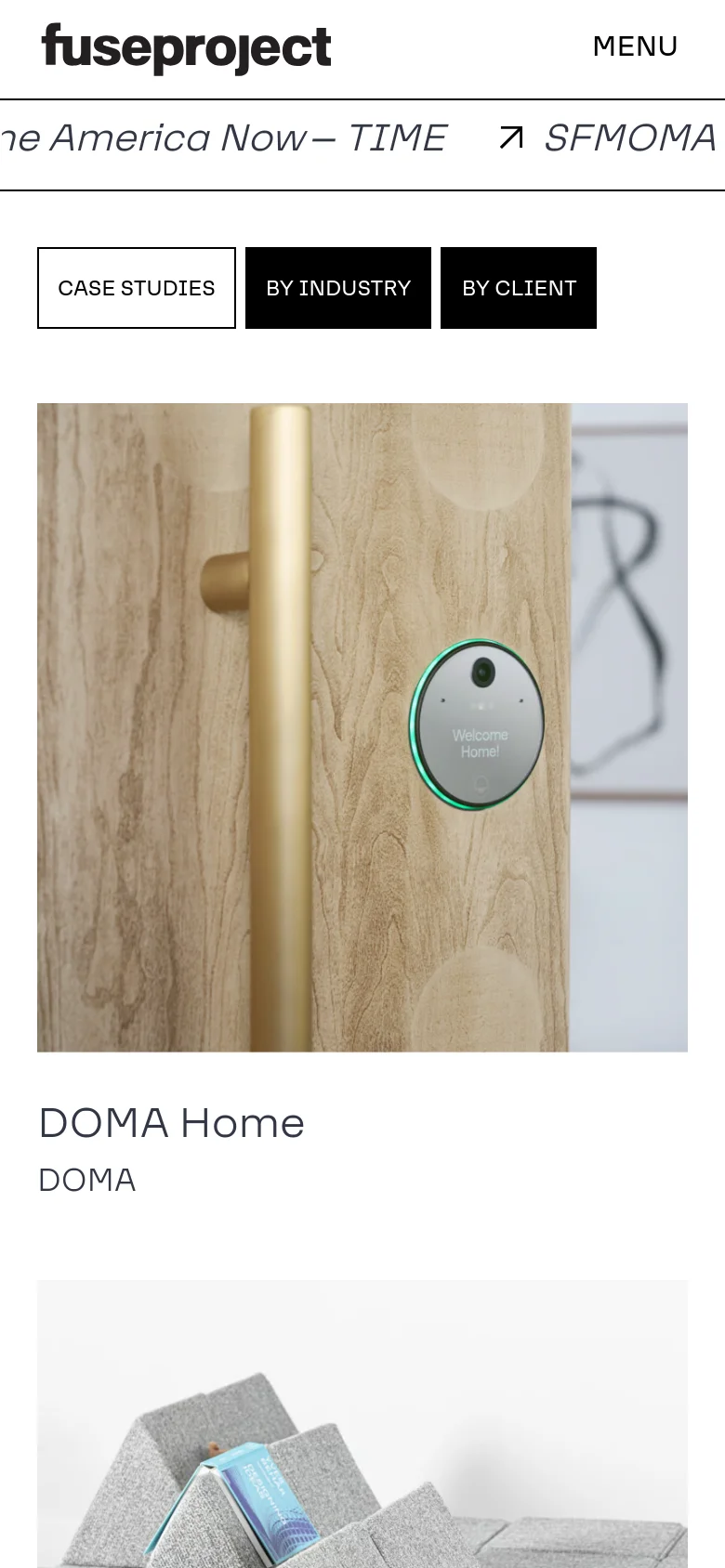 The mobile version presents a simplified vertical layout with a condensed 'MENU' button in the header. The project filter buttons are stacked or scaled for touch, and the case study grid transitions into a single-column view, showcasing large project images like the DOMA Home device followed by its title and client name.