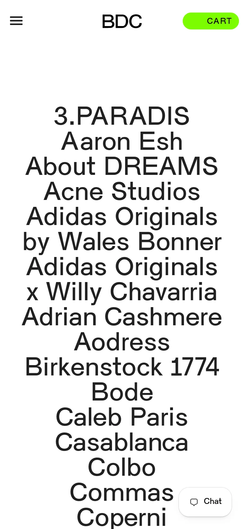 The mobile version presents a simplified header with a hamburger menu icon on the left, the BDC logo centered, and a lime green Cart button on the right. The brand list follows a single-column vertical layout with large, centered black text on a white background. A small 'Chat' floating action button is located in the bottom right corner.