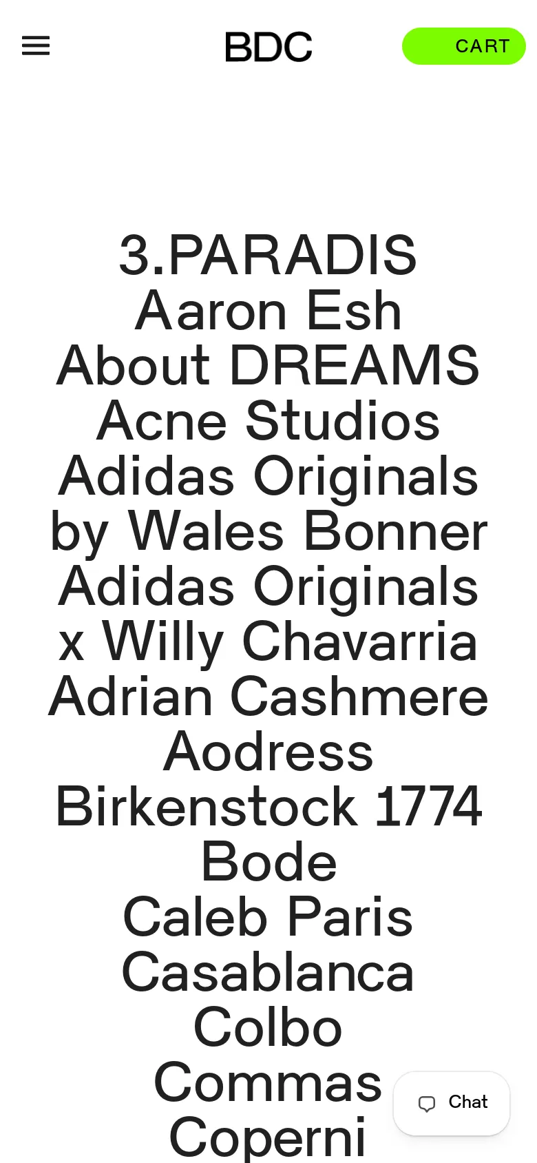 The mobile version presents a simplified header with a hamburger menu icon on the left, the BDC logo centered, and a lime green Cart button on the right. The brand list follows a single-column vertical layout with large, centered black text on a white background. A small 'Chat' floating action button is located in the bottom right corner.
