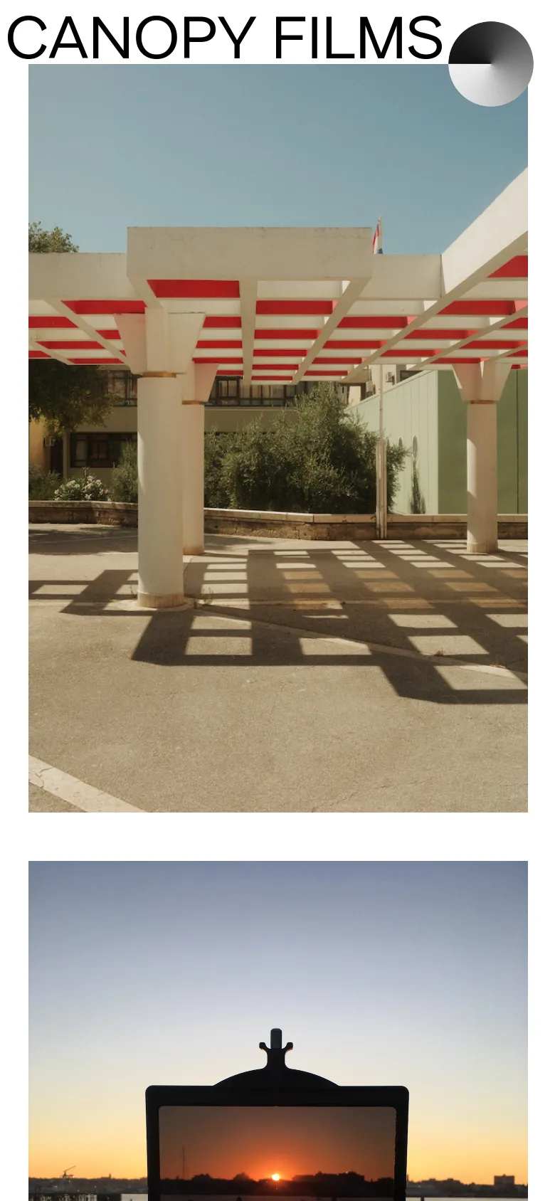 The mobile version maintains the minimalist aesthetic but stacks content vertically, leading with the large hero image of the sunlit architectural structure. The navigation menu and brand name 'CANOPY FILMS' are prominently displayed above the imagery in a single-column format.