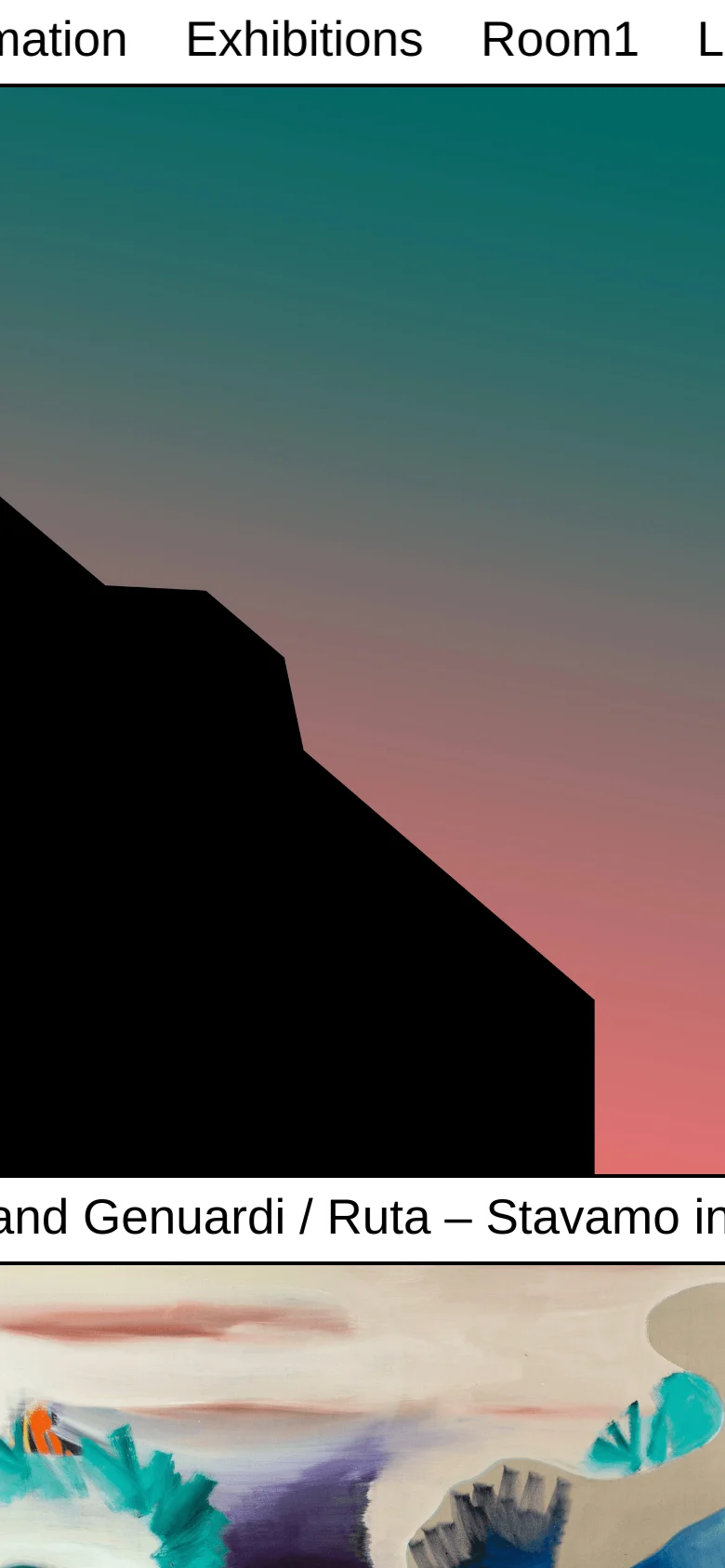 The mobile version presents a simplified, vertically stacked layout of the desktop design. The navigation menu is condensed, and the large abstract gradient with the black silhouette remains the dominant visual element, filling the screen to emphasize the minimalist aesthetic.