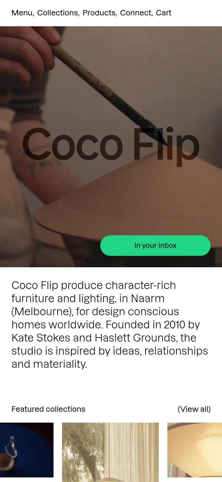 The mobile version presents a vertically stacked layout starting with the hero image and brand logo. The introductory text and 'Featured collections' follow in a single-column format, making the large product images easier to scroll through on a smaller screen. Navigation is condensed into a menu at the top.