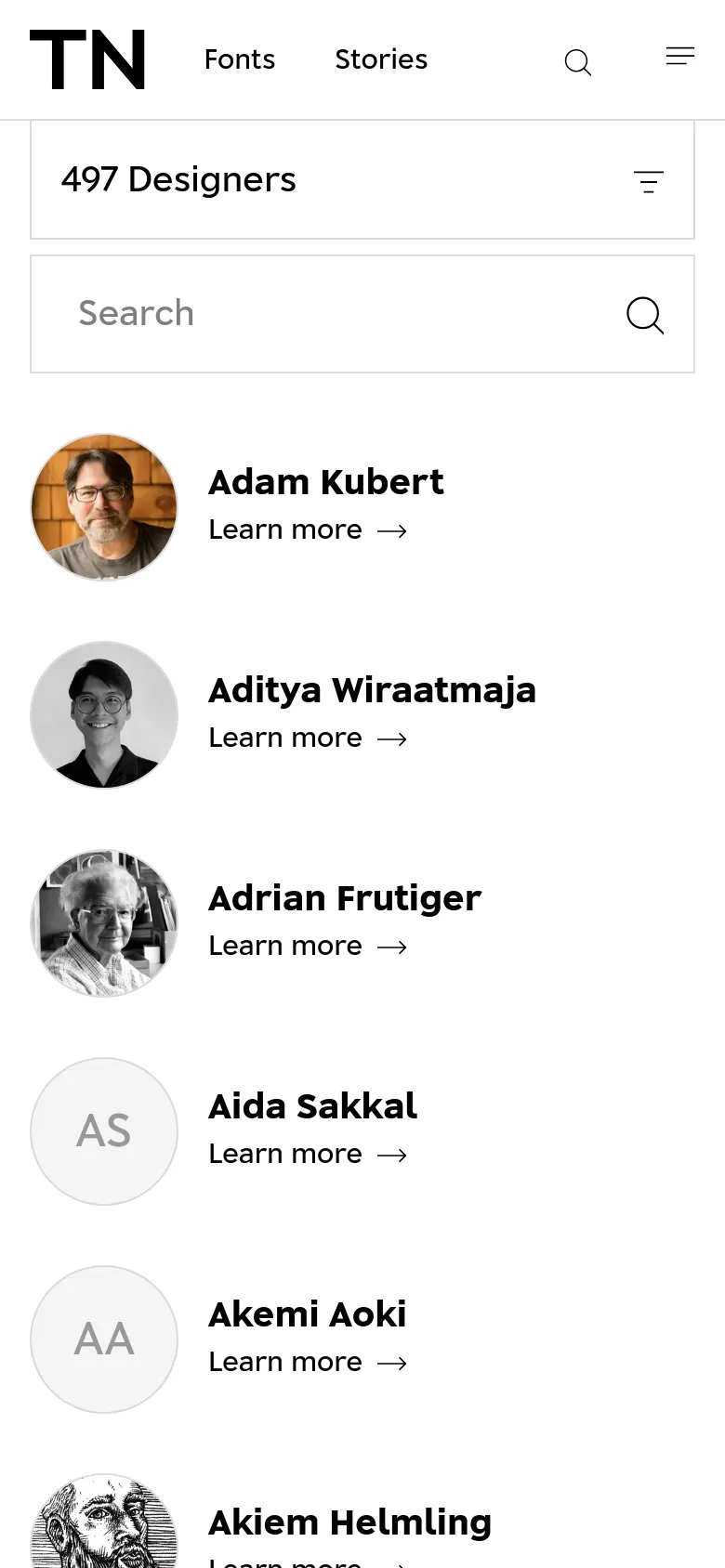 The mobile version features a simplified layout with a large 'TN' logo and a hamburger menu. The designer directory shifts from a multi-column grid to a single-column vertical list, where each designer's circular portrait, name, and 'Learn more' link are stacked vertically.