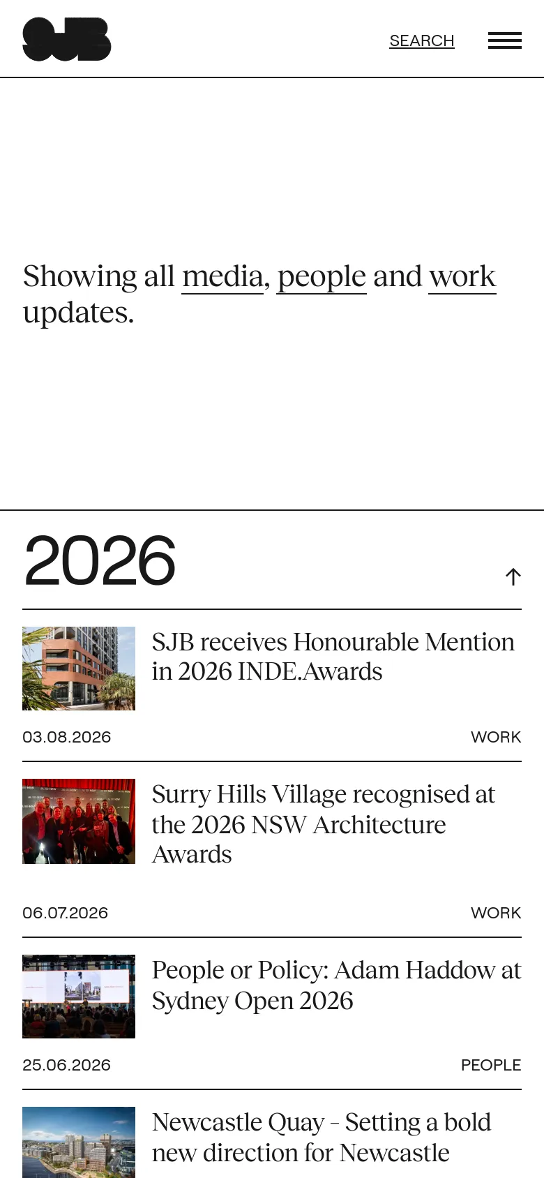 The mobile version presents a simplified layout with a hamburger menu and a search link at the top. The news feed transitions to a vertical stack where each entry includes a thumbnail image on the left, followed by the headline, date, and category on the right.