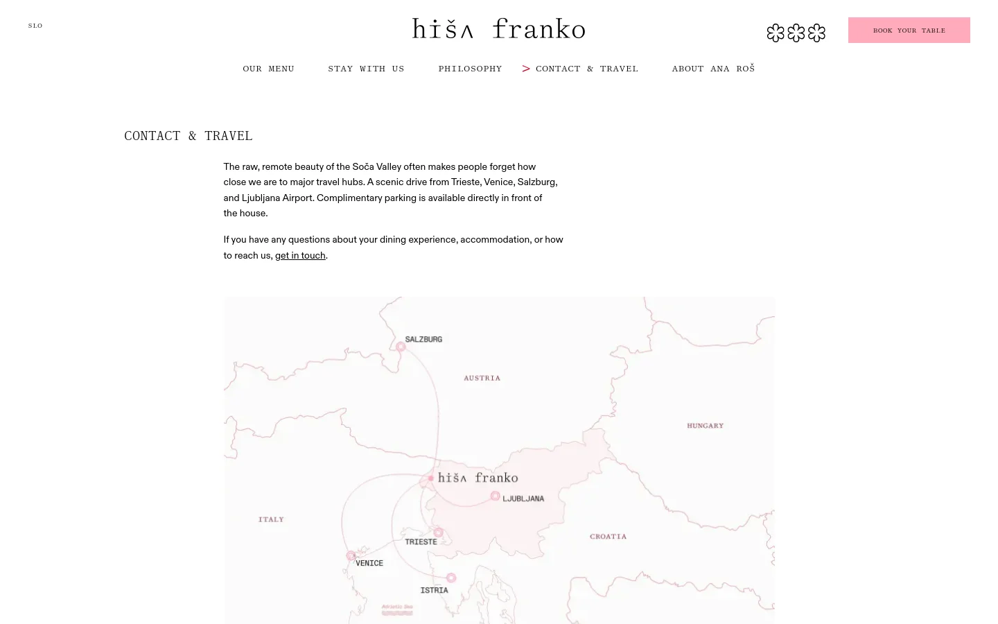 The desktop page features a minimalist design with a white background and black serif typography. The layout includes a large heading 'CONTACT & TRAVEL', introductory text, and a large, light-grey line-art map showing travel routes from nearby cities like Venice and Ljubljana to Hiša Franko. A navigation menu is at the top with a pink 'BOOK YOUR TABLE' button.