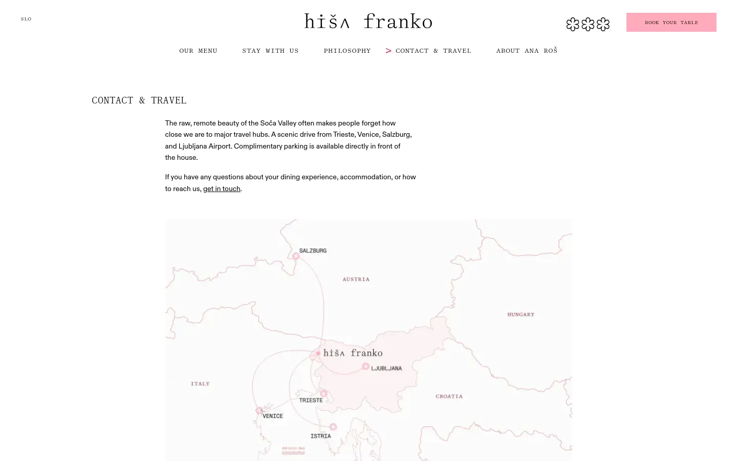 The desktop page features a minimalist design with a white background and black serif typography. The layout includes a large heading 'CONTACT & TRAVEL', introductory text, and a large, light-grey line-art map showing travel routes from nearby cities like Venice and Ljubljana to Hiša Franko. A navigation menu is at the top with a pink 'BOOK YOUR TABLE' button.