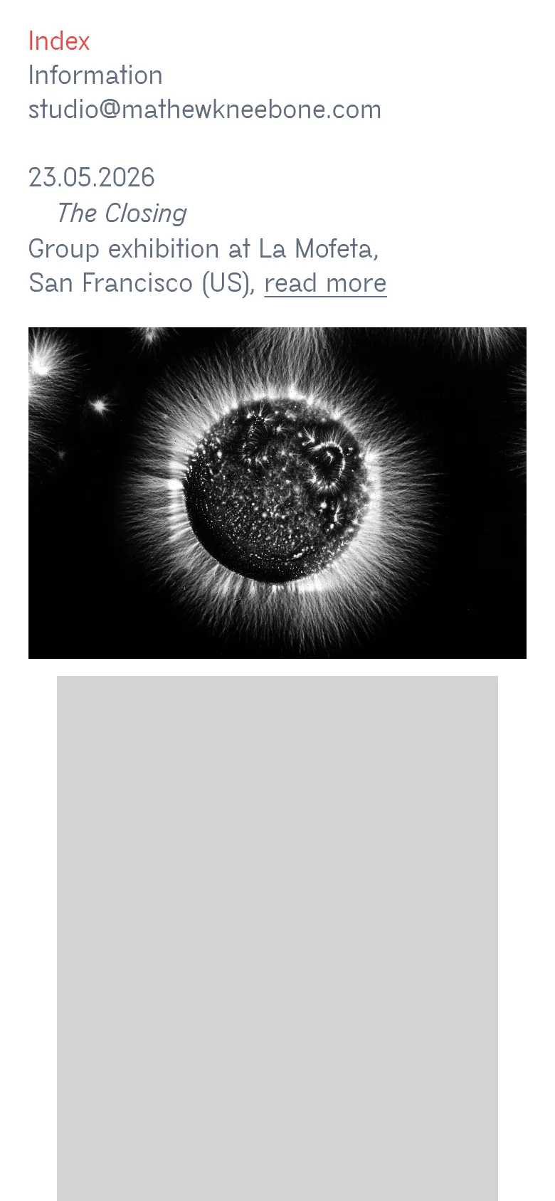 The mobile version presents a single-column vertical layout optimized for scrolling. The navigation links and exhibition text are stacked vertically above a large, high-contrast black and white circular abstract image that spans the width of the screen.