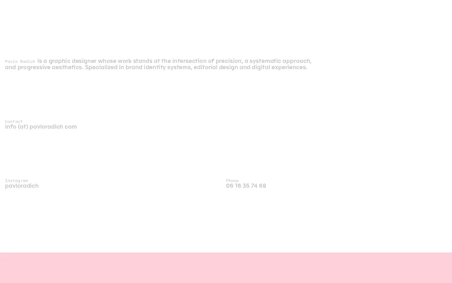 The desktop homepage features a minimalist white layout with a large introductory text block on the left and contact information organized in columns. Below the text, a grid of high-quality graphic design portfolio images showcases various brand identities and editorial projects. The design uses clean typography and ample white space for a professional aesthetic.
