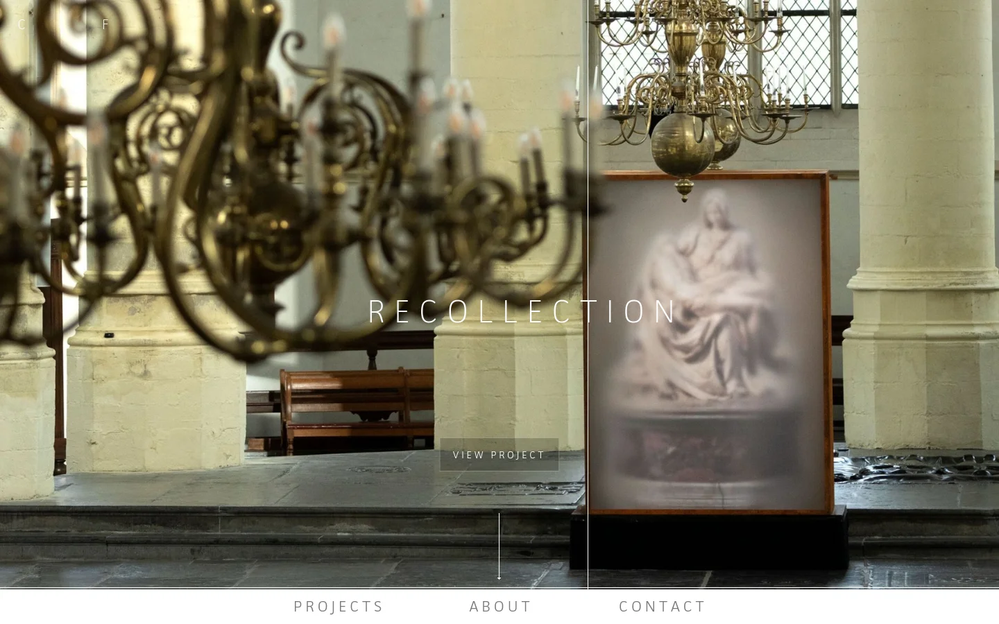 The desktop page features a large hero image of a blurred interior with a golden chandelier and a framed artwork, overlaid with the white text 'RECOLLECTION' and a 'VIEW PROJECT' button. Below the hero section, a clean white layout contains project text and an image of an art fair booth. The navigation menu is centered at the bottom with links for Projects, About, and Contact.