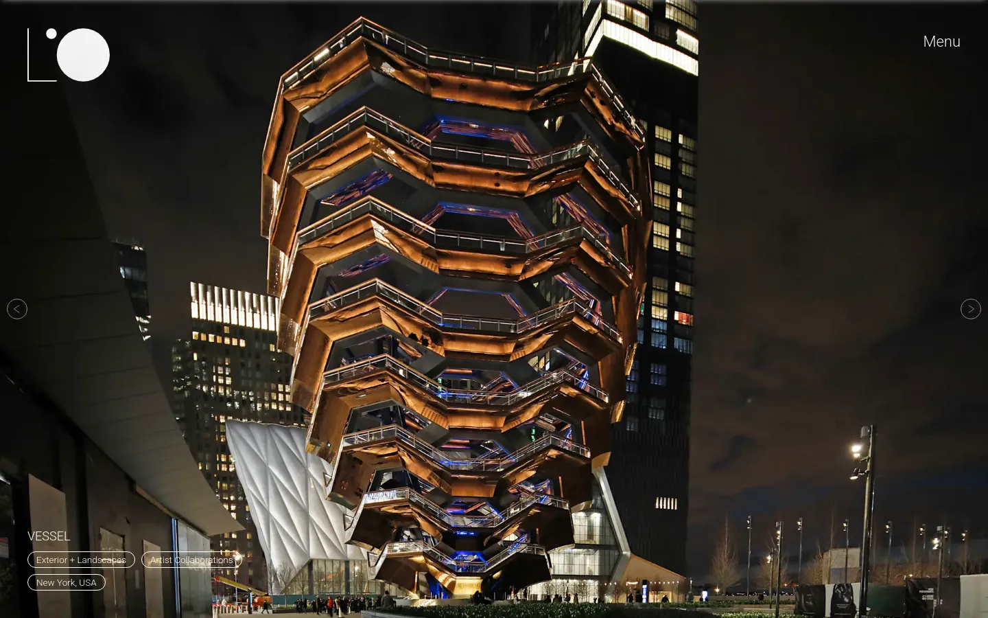 The desktop homepage features a large, full-width hero image of the illuminated Vessel structure in New York at night. A minimalist navigation bar includes a logo on the left and a 'Menu' link on the right, while project details like 'Vessel' and location are overlaid in the bottom left corner.