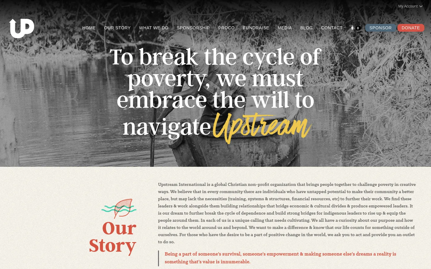 The desktop page features a white navigation bar with the Upstream logo, menu links, and 'Sponsor' and 'Donate' buttons. A large hero section displays a black and white background image of a person in a boat with large white serif text overlaid, ending with the word 'Upstream' in yellow script. Below, the 'Our Story' section contains a text block alongside a colorful leaf and wave graphic.