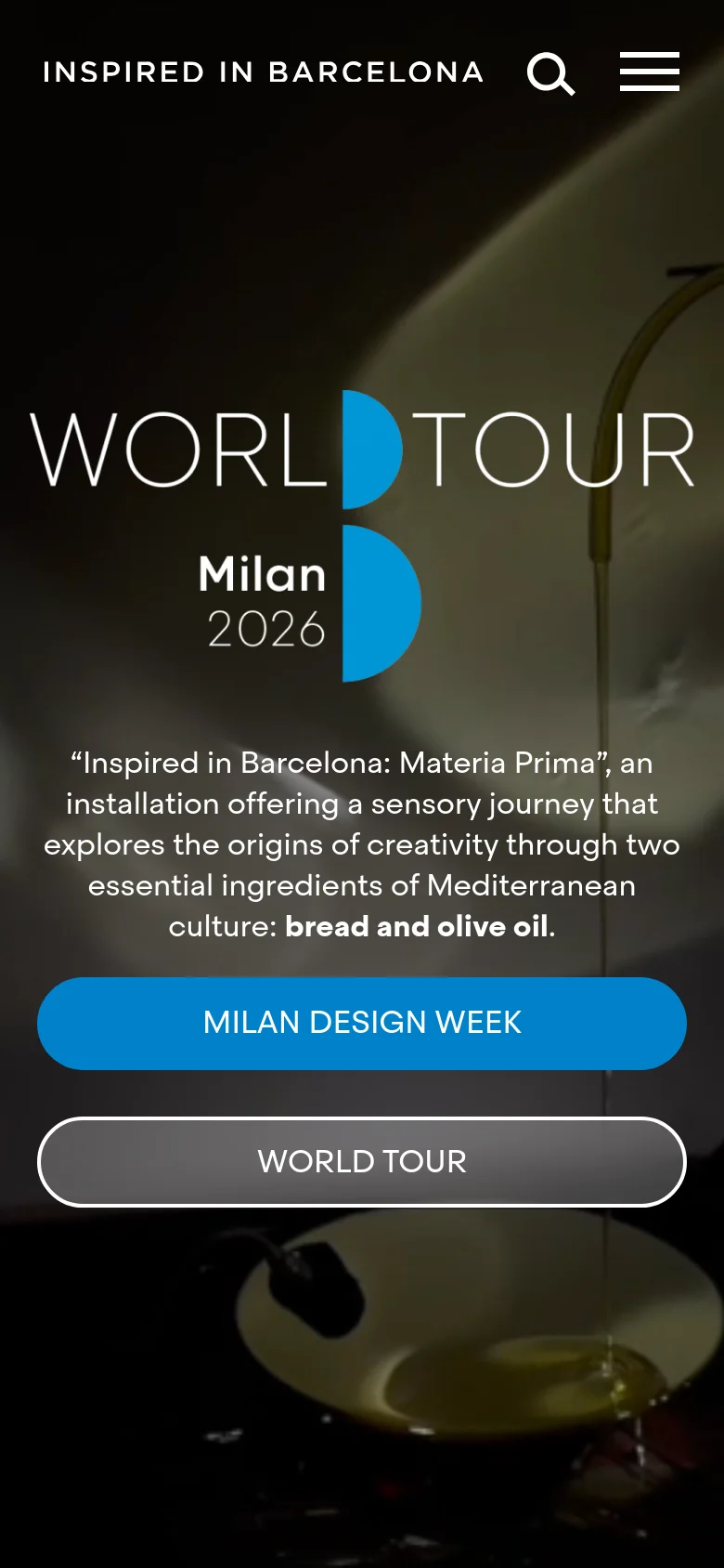 The mobile version maintains the dark, atmospheric hero image and central text layout but scales the typography and buttons for a vertical screen. The 'WORLD TOUR Milan 2026' headline and installation description are stacked vertically, followed by the two large, full-width action buttons. The header is condensed, featuring the logo on the left and the search and menu icons prominently on the right.