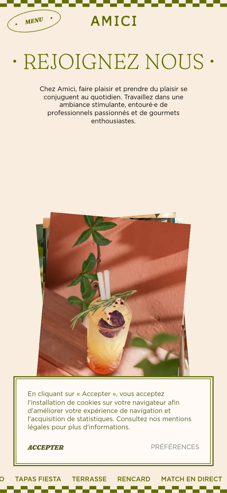 The mobile version presents a vertically stacked layout with the 'AMICI' logo and 'REJOIGNEZ NOUS' headline at the top. The hero image of a cocktail is centered and takes up a significant portion of the screen, followed by a cookie consent banner that spans the width of the viewport. The bottom navigation menu is condensed into a single scrolling row of text links.